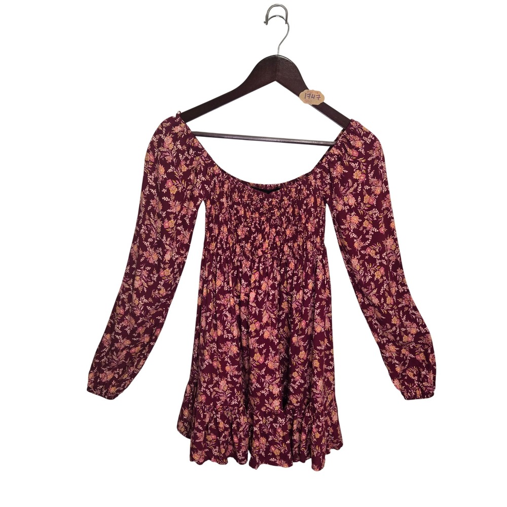 Oak & Trellis Floral Smocked Mini Dress Beaujolais Burgundy XS 19ZEEYMB
